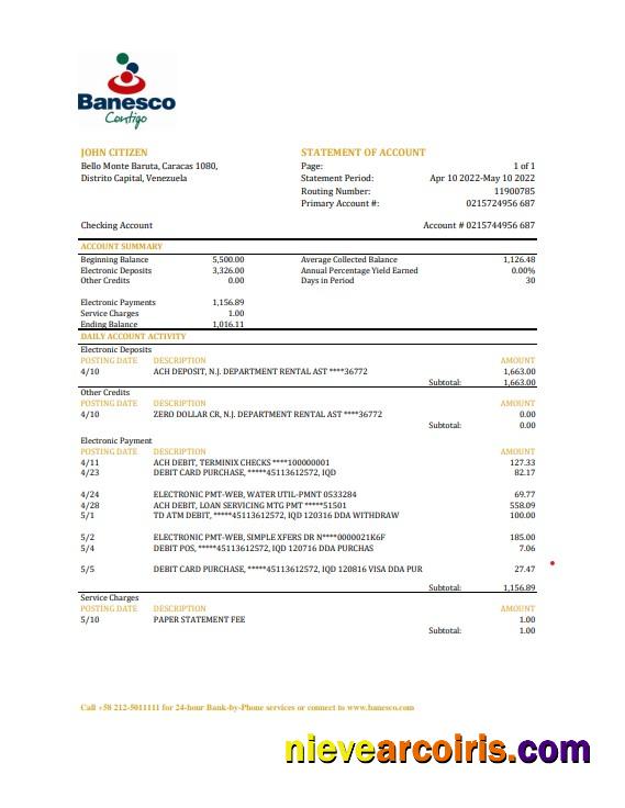Venezuela Banesco bank statement, Excel and PDF